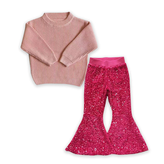 baby girls pink sweater top matching sequins bell bottoms 2pcs outfit