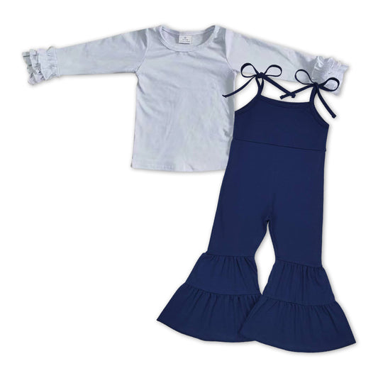 white long sleeve top navy jumpsuit 2pcs outfit