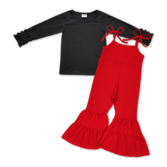 black long sleeve top red jumpsuit 2pcs outfit