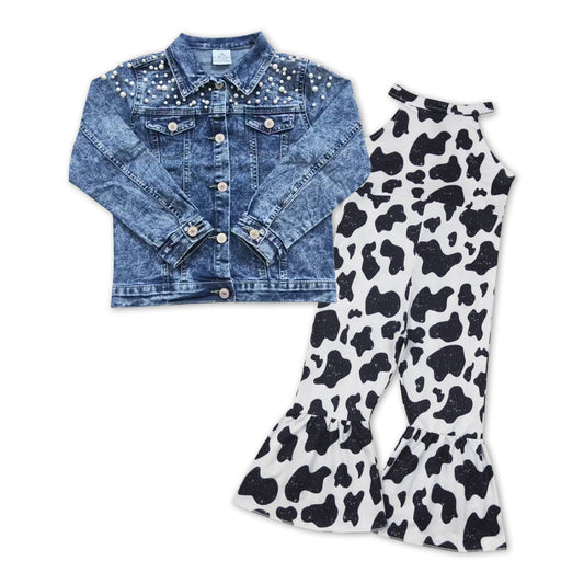 baby girls jeans coat cow jumpsuit 2pcs outfit