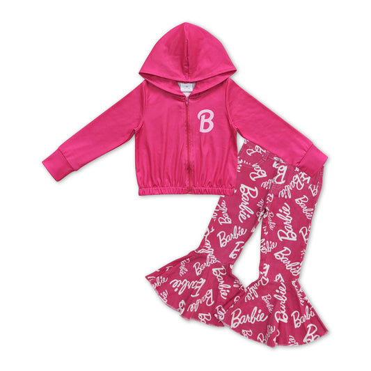 girls long sleeve pink doll hoodie top ruffle pink denim bell bottoms outfit