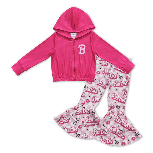 girls long sleeve pink doll hoodie top ruffle pink jeans pants outfit
