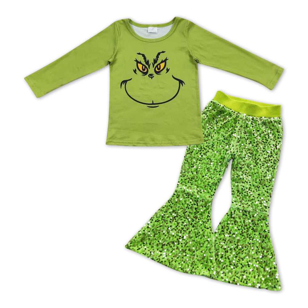 Christmas green face top green sequins bell bottoms outfit