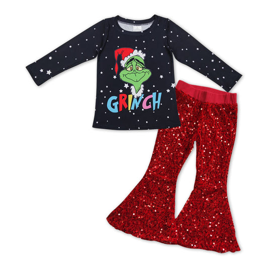 baby girls Christmas sweater top red sequins bell bottoms 2pcs outfit