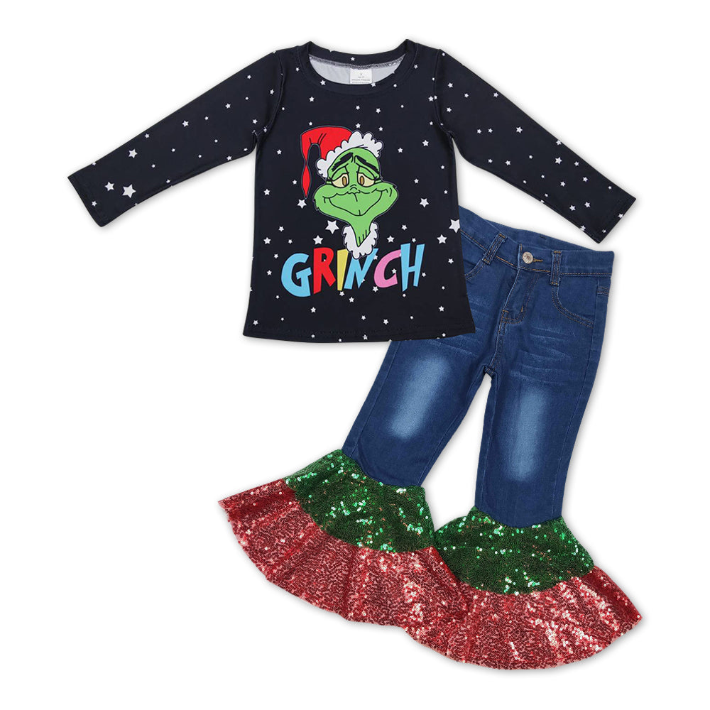 Christmas green face top matching jeans pants outfit