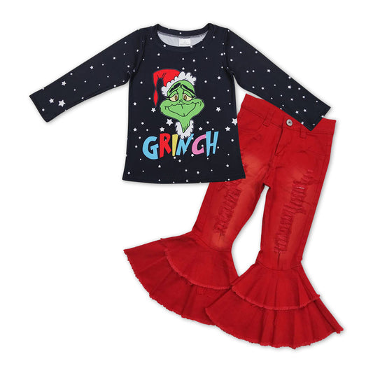 Christmas green face top red distressed jeans pants outfit