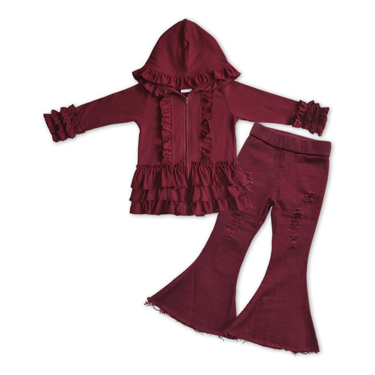 girls maroon long sleeve hoodie top jeans bell bottoms boutique outfit