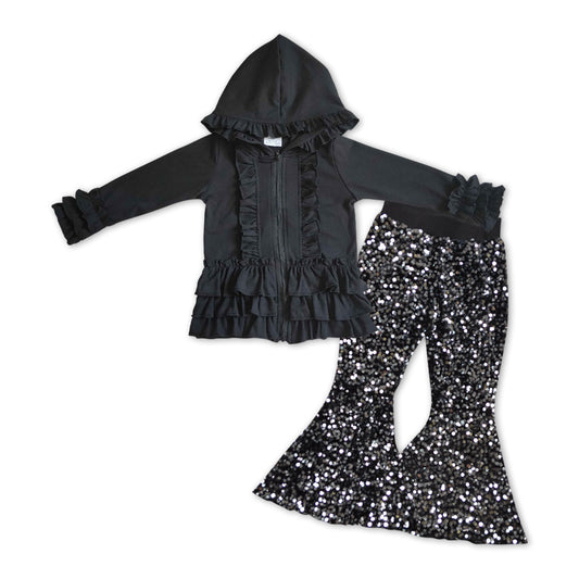 black long sleeve hoodie top sequins bell bottoms boutique outfit