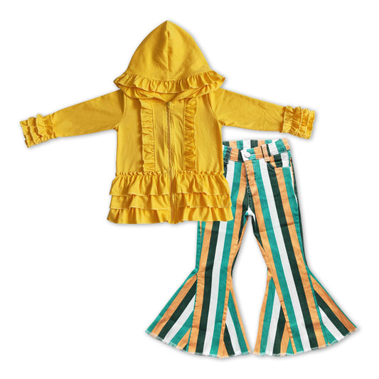 girls yellow long sleeve hoodie top stripes jeans pants wholesale boutique outfit
