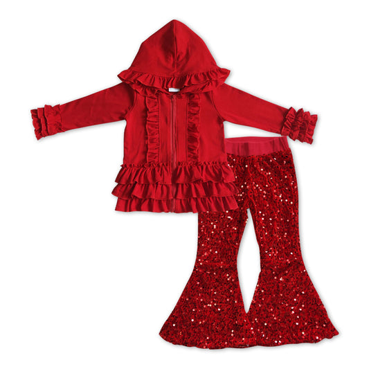 red long sleeve hoodie top sequins bell bottoms boutique outfit