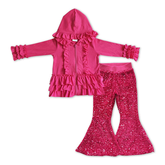 hot pink long sleeve hoodie top sequins bell bottoms boutique outfit