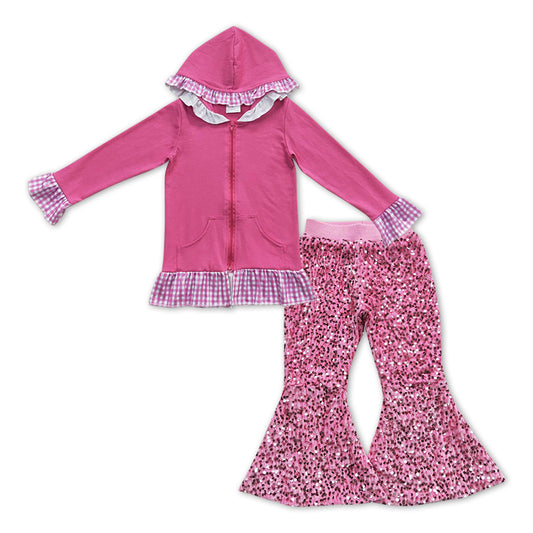 girls pink long sleeve hoodie top sequins bell bottoms boutique outfit
