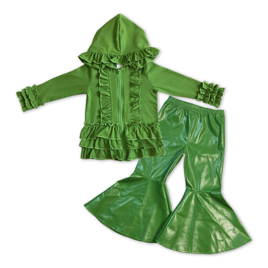 baby girls green cotton hoodie top leather pants outfit