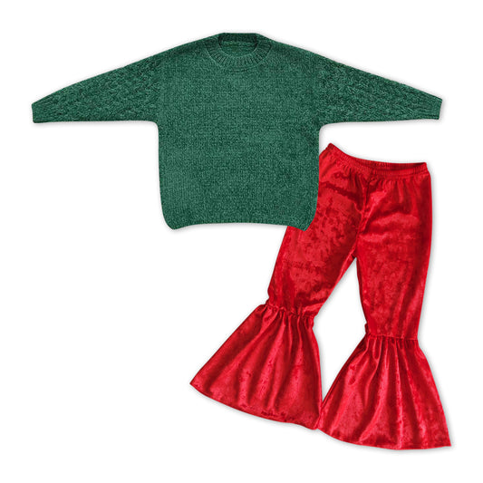 Christmas green sweater red velvet bell bottoms outfit