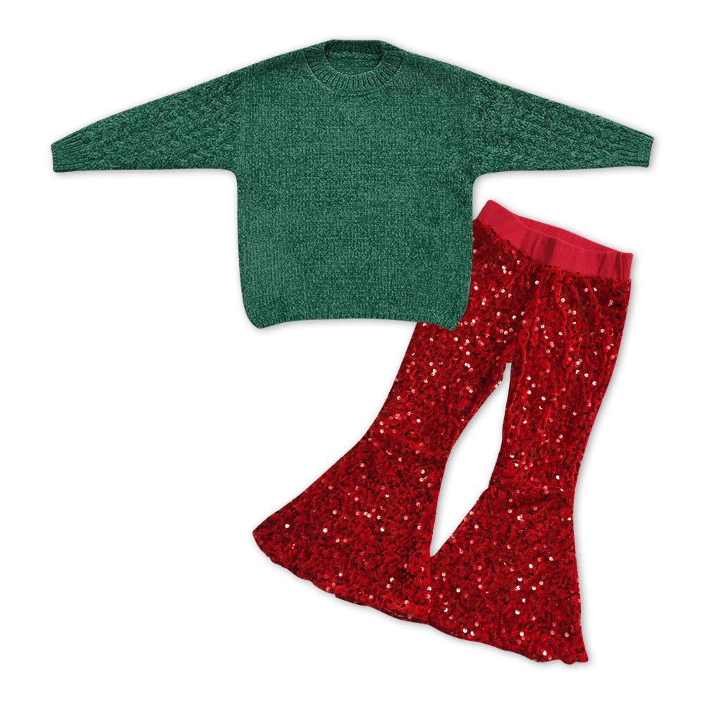 Christmas green sweater top red sequins bell bottoms 2pcs outfit