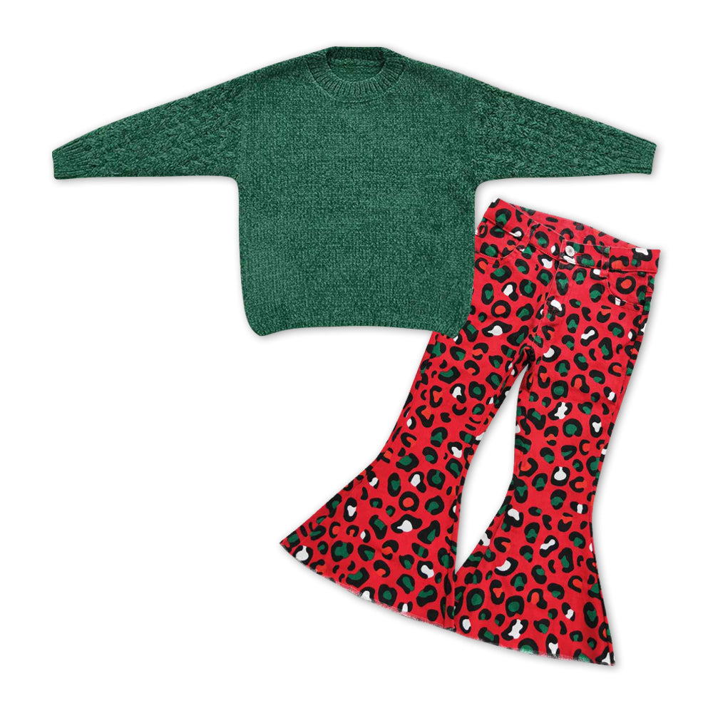 Christmas green sweater leopard bell bottoms outfit