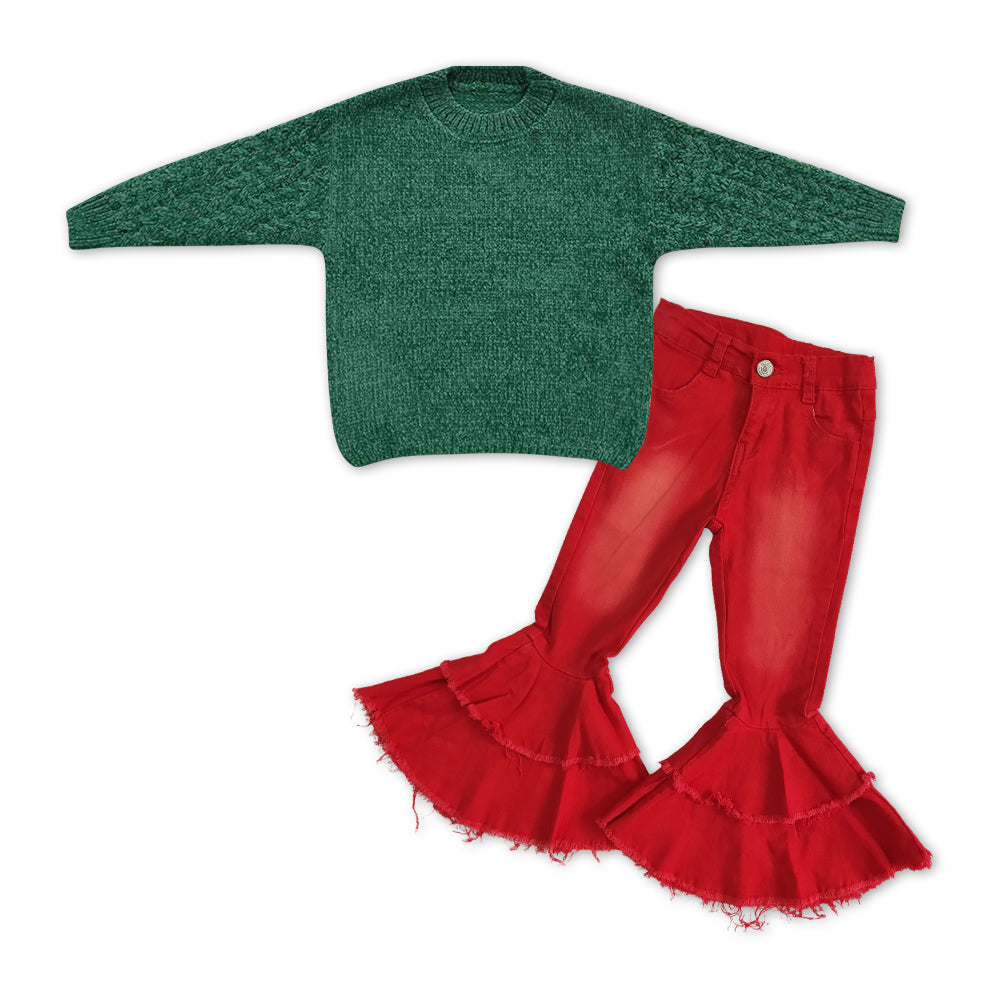 Christmas green sweater red jeans bell bottoms outfit