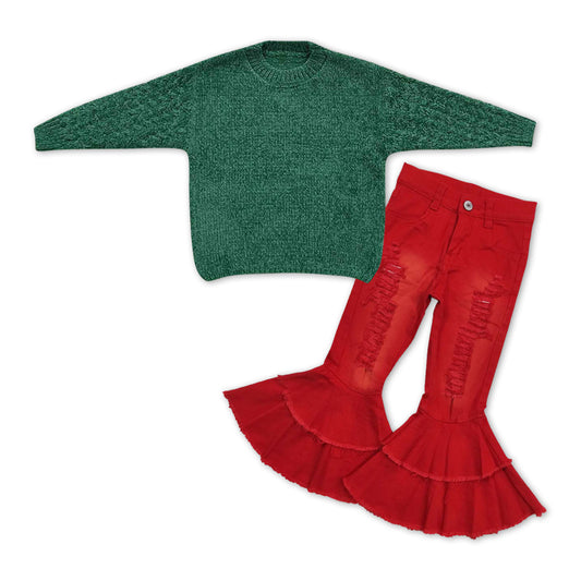 Christmas green sweater red distressed jeans bell bottoms outfit