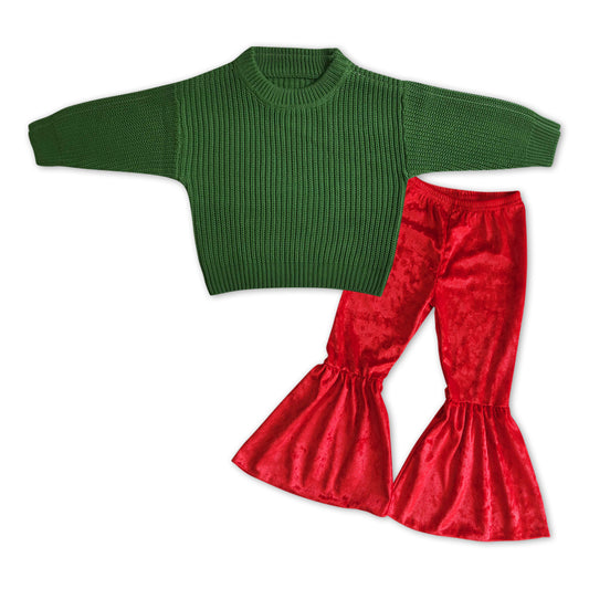 Christmas light green sweater red velvet bell bottoms outfit