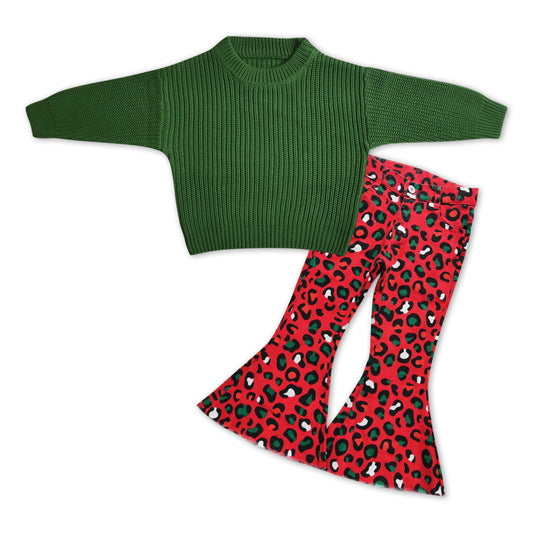 girls Christmas green sweater leopard jeans bell bottoms outfit