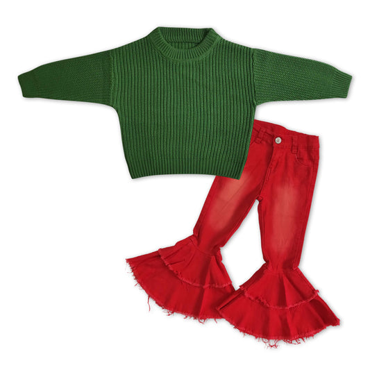 girls Christmas green sweater red bleach jeans bell bottoms outfit