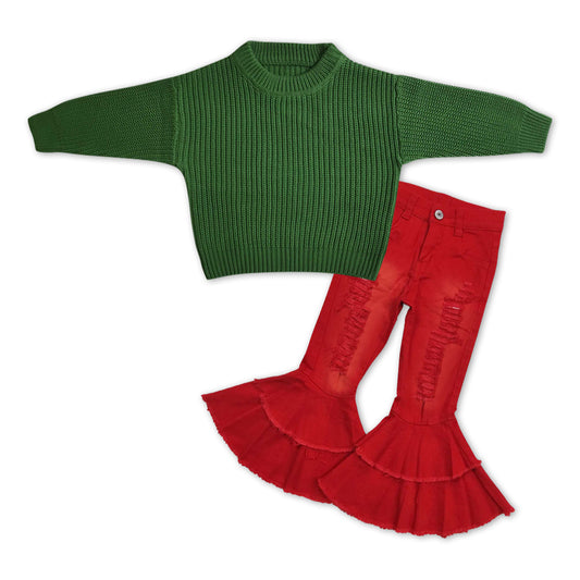 girls Christmas green sweater red distressed jeans bell bottoms outfit