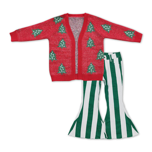 Christmas tree sweater cardigan coat green stripes jeans pants outfit