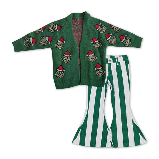 Christmas green face sweater cardigan coat green stripes jeans pants outfit