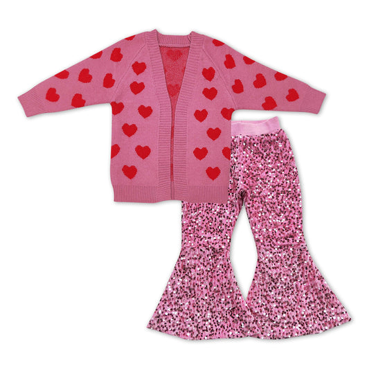 Valentines heart print sweater cardigan coat sequins bell bottoms pants outfit