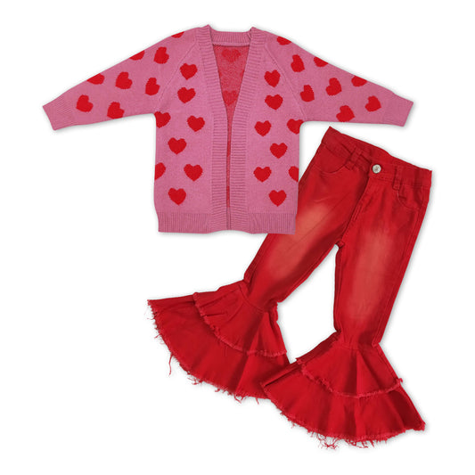 Valentines day heart sweater cardigan coat red jeans bell bottoms outfit