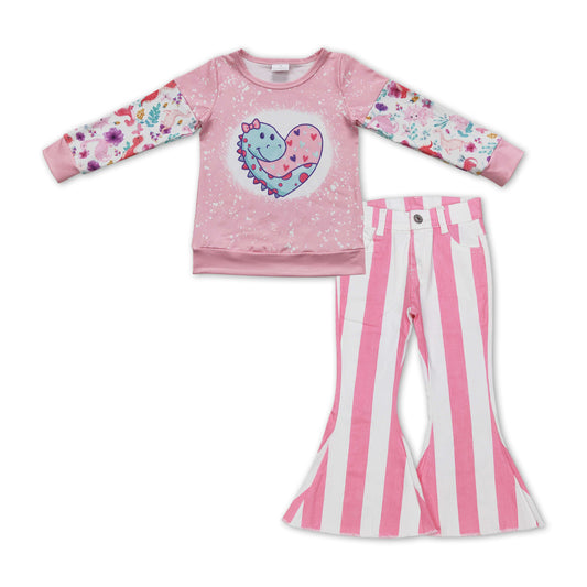 Valentines dinosaur top pink stripes jeans bell bottoms outfit