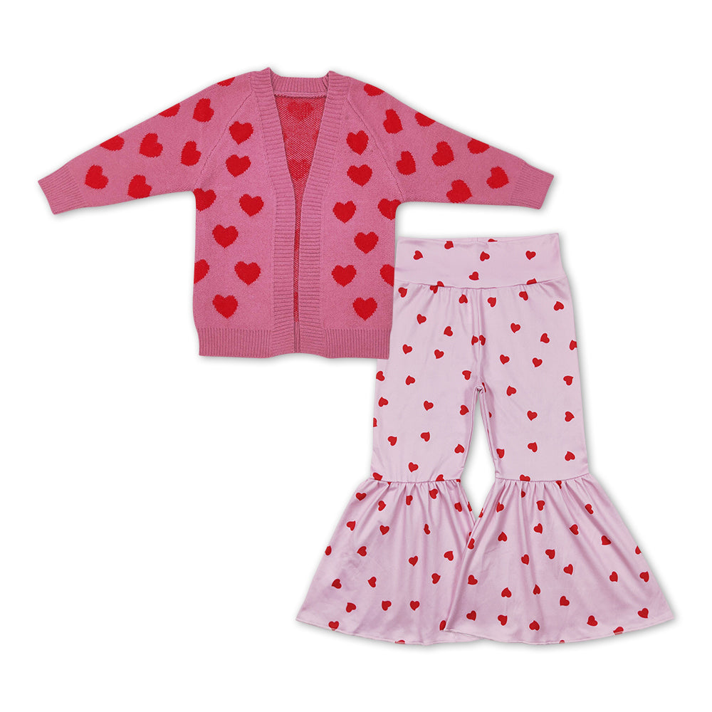 Valentines heart print sweater cardigan coat heart bell bottoms pants outfit