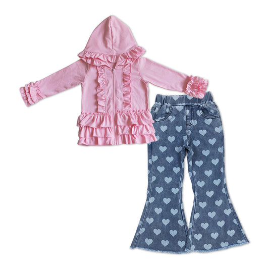 baby girls pink hoodie top heart jeans bell bottoms outfit
