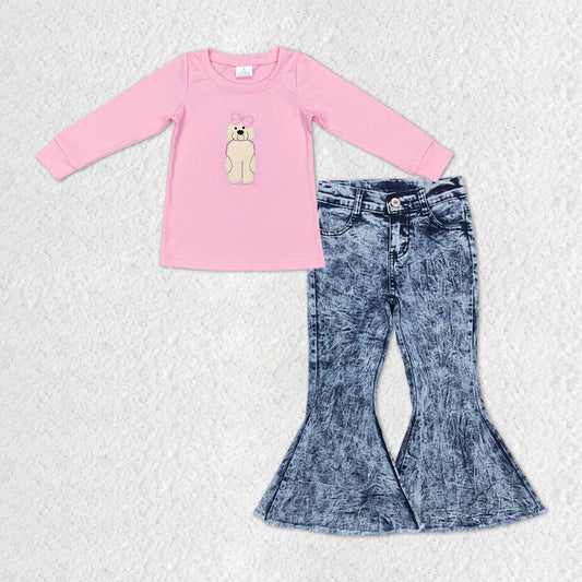 embroidery puppy dog shirt blue jeans bell bottoms spring fall outfit