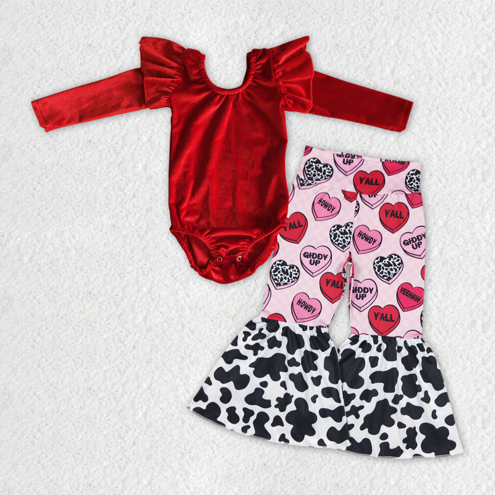 girls red long sleeve velvet leotard valentines heart pants outfit