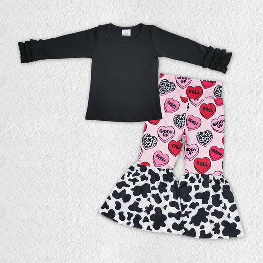 black cotton shirt valentines heart bell bottoms outfit