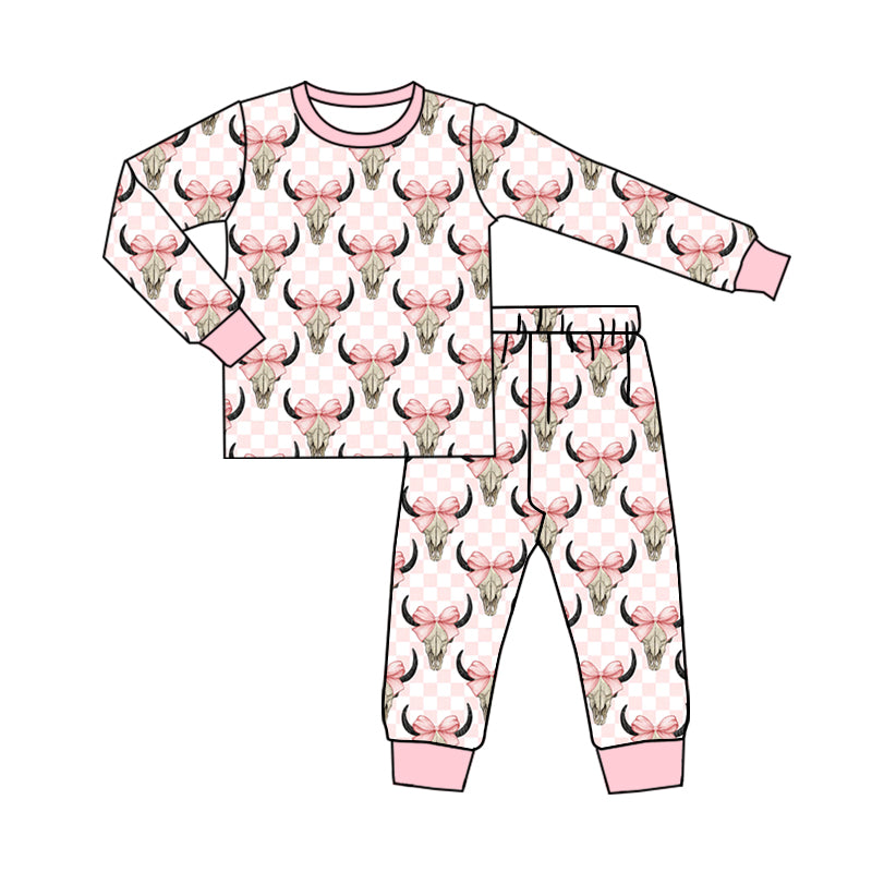 wholesale kids girls long sleeve pink checkered highland cow outfit preorder