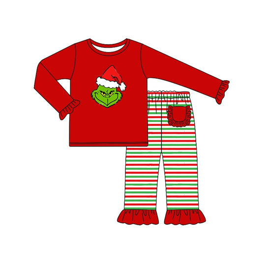 baby girl christmas green face red top stripes pants clothes preorder