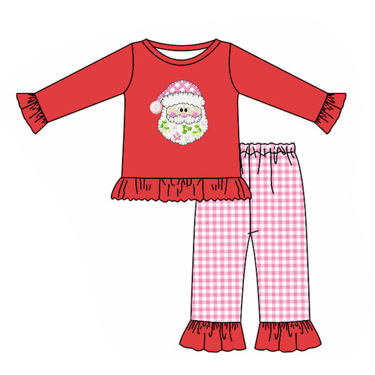 merry christmas baby girls long sleeve santa claus top pink plaid pants outfit preorder