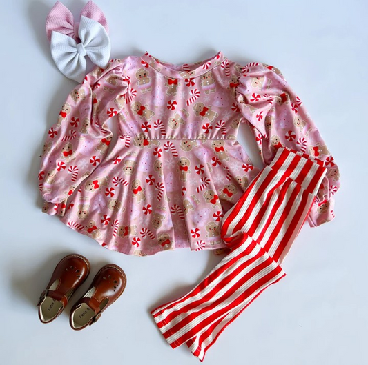 baby girl christmas gingerbread candy cane long sleeve tunic top matching pants clothes preorder