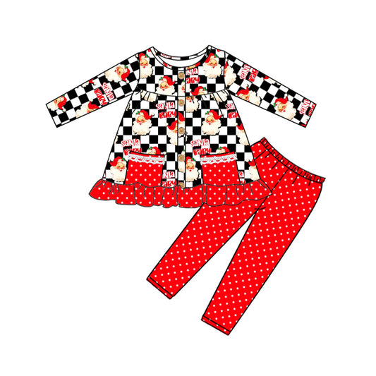 Christmas santa claus black checkered fall winter baby girl clothes preorder