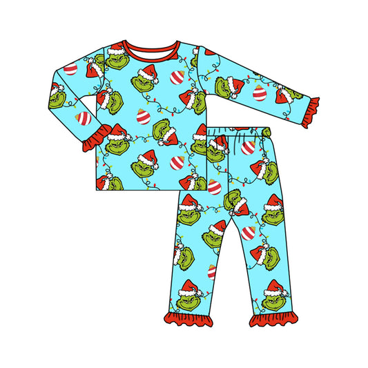 wholesale kids girls christmas light green face long sleeve pajama set preorder