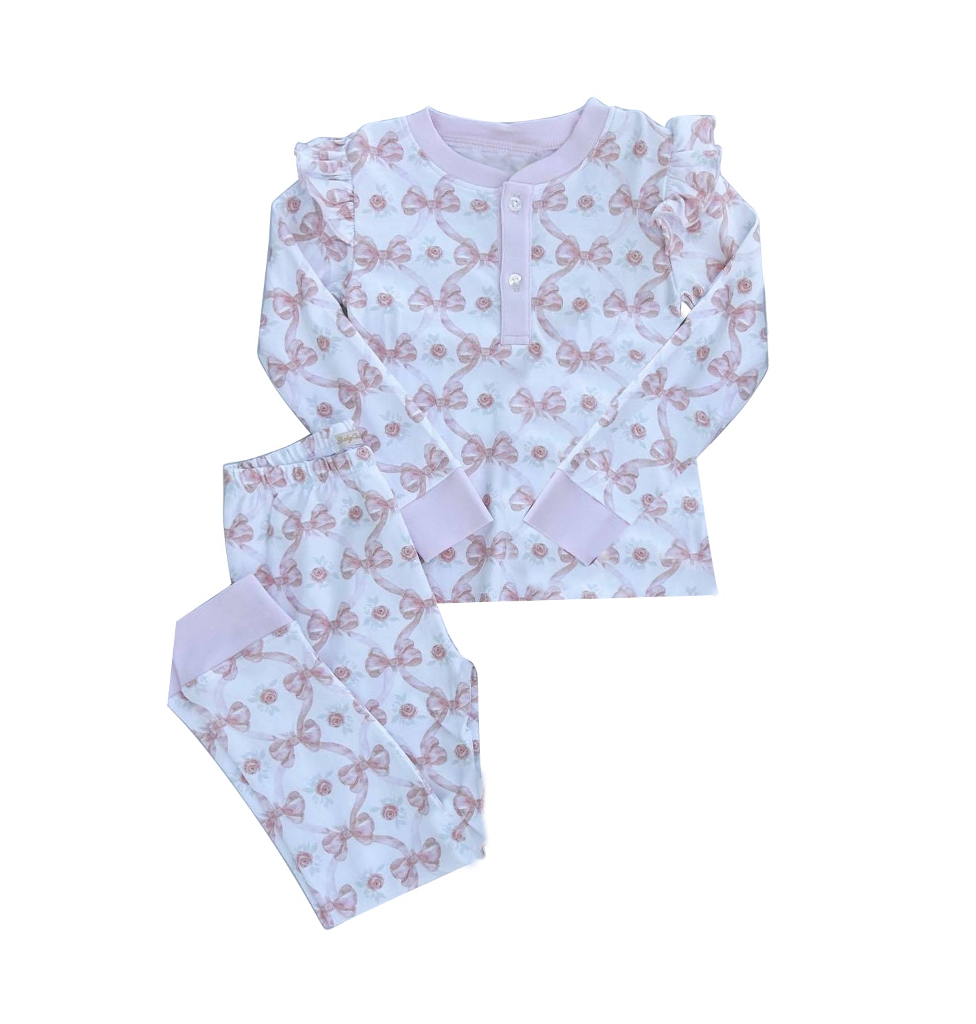 children girls pink bow long sleeve pajama set preorder