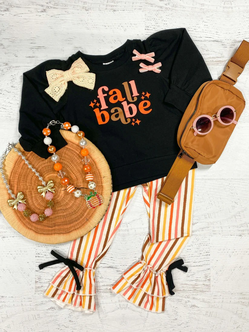 Fall babe long sleeve black top stripes ruffle pants clothes preorder