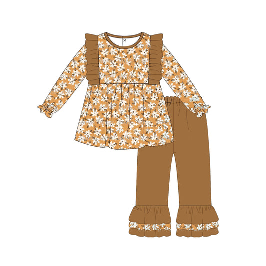 girls yellow flower tunic top matching ruffle pants boutique fall winter clothes preorder