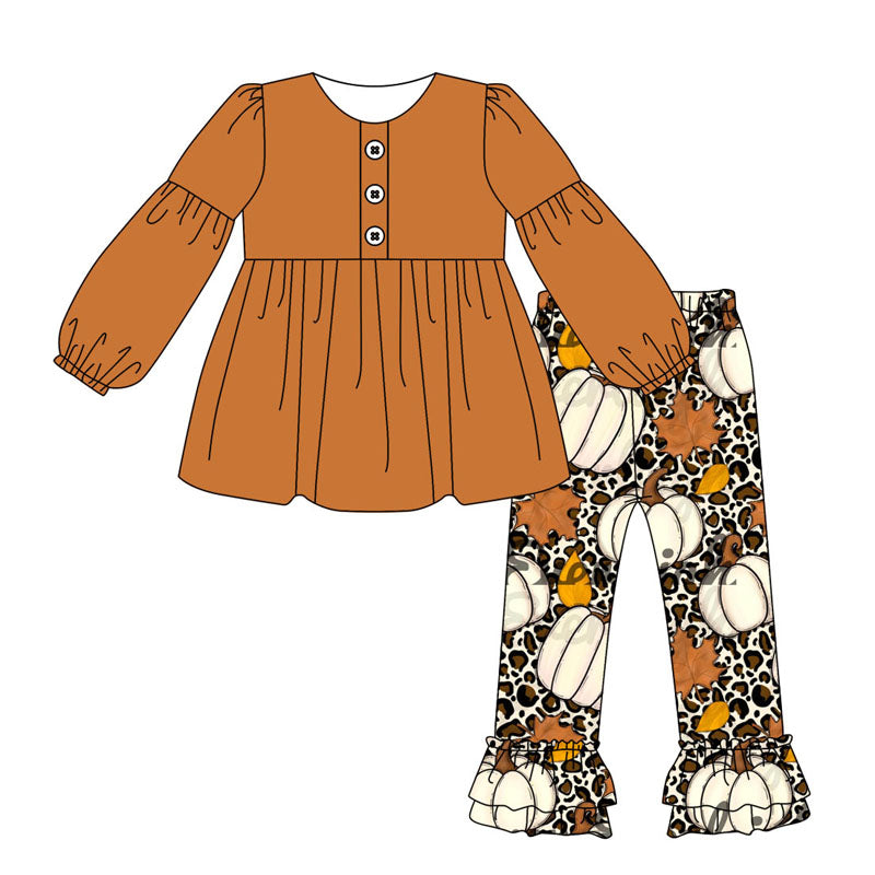 Girls brown tunic top matching cheetah pumpkin ruffle pants boutique fall winter clothes preorder