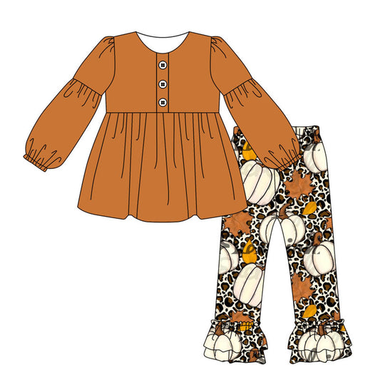 Girls brown tunic top matching cheetah pumpkin ruffle pants boutique fall winter clothes preorder