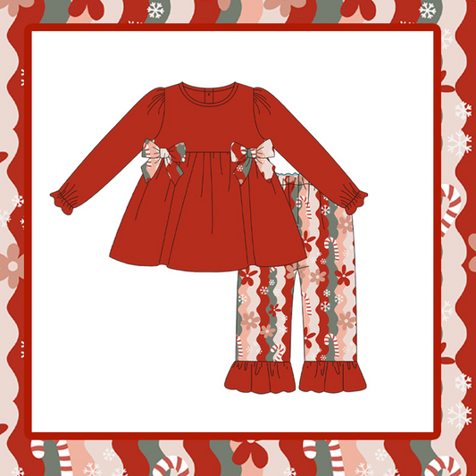 Girls red tunic top matching flower ruffle pants boutique fall winter clothes preorder