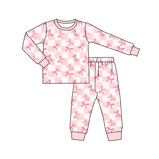 Girls pink checkered bow print long sleeve pajama set preorder