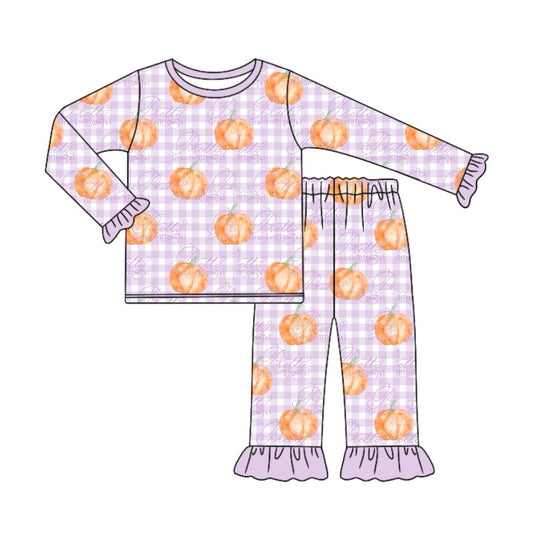 Girls lavender plaid pumpkin long sleeve pajama set preorder